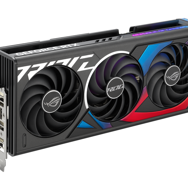 Angled Top Down View of the Rog Strix Ge Force Rtx 4070 Ti Graphics Card Highlighting the Fans, Argb Element, Io Ports